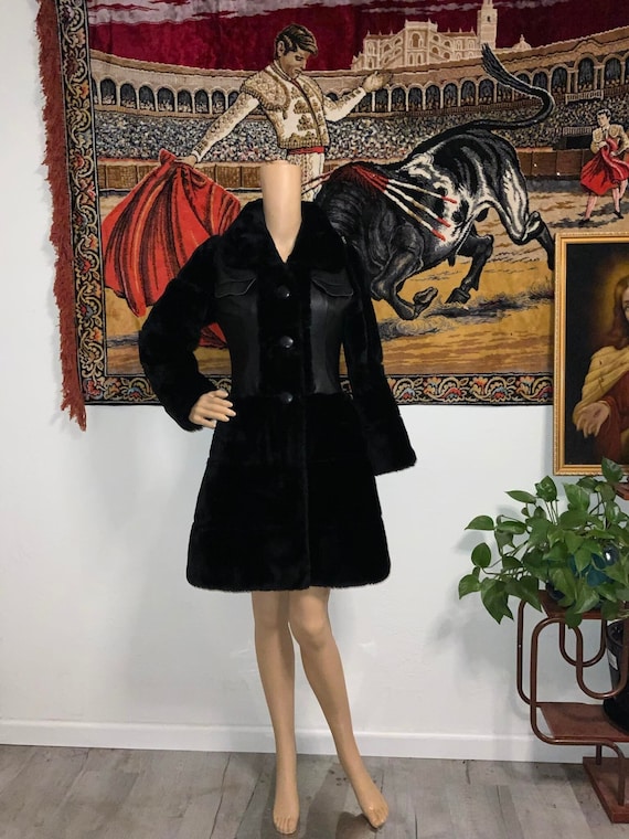 Vintage 1960's Foux Fur and Foux Leather Black Coa