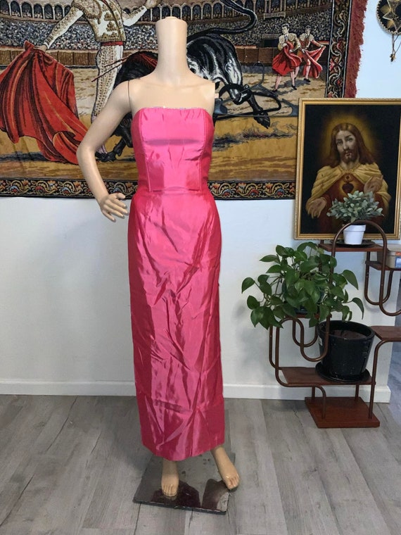 Vintage Hot Pink Jessica Mcclintock for Gunne Sax Strapless Gown with Jewels on Bust
