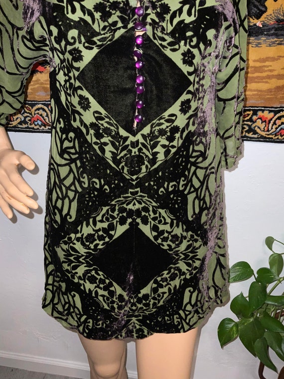 Vintage Olive Green and Velvet Mini Kimono Dress - image 3