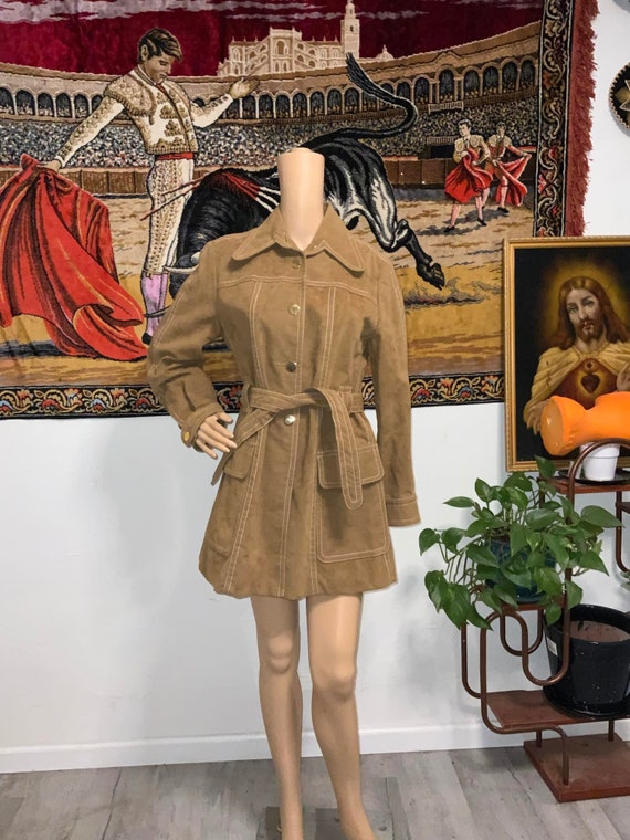 Vintage Tan 70's Suede Utility Trench with Belt by
