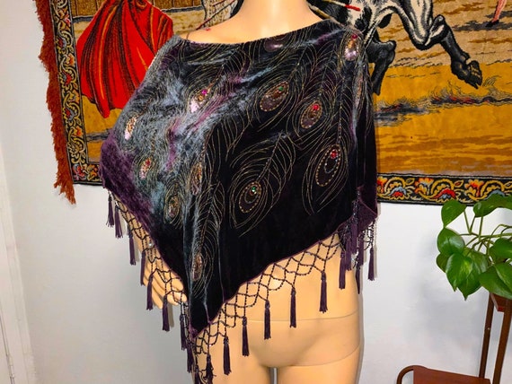 Vintage Velvet Beaded Short Poncho Coverup with P… - image 1
