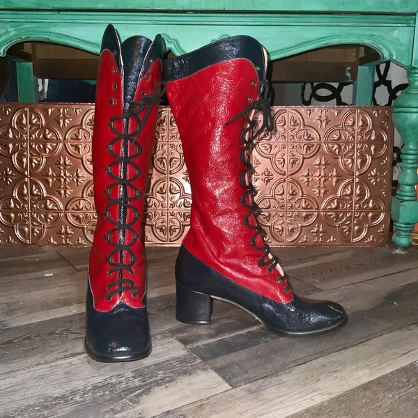 Vintage 1060s Red and Blue Pleather Capezio GOGO Boots NEVER WORN and Made In Italy - size 6 1/2
