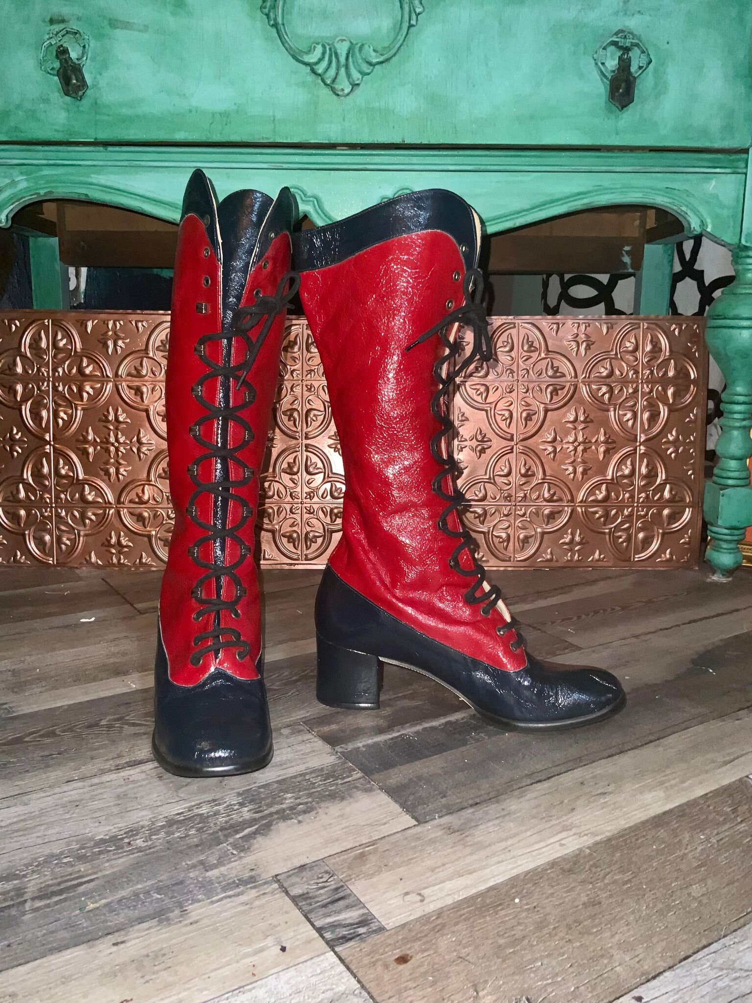 Red Knee High Vinyl Zip Back Boots, Shoes