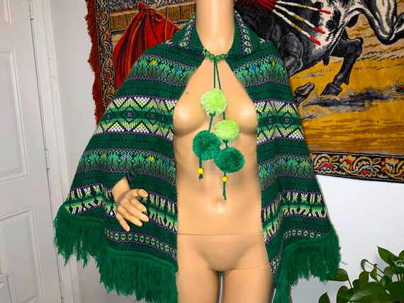Vintage 70s Green Fringed Ponch with Arm Holes Ma… - image 3