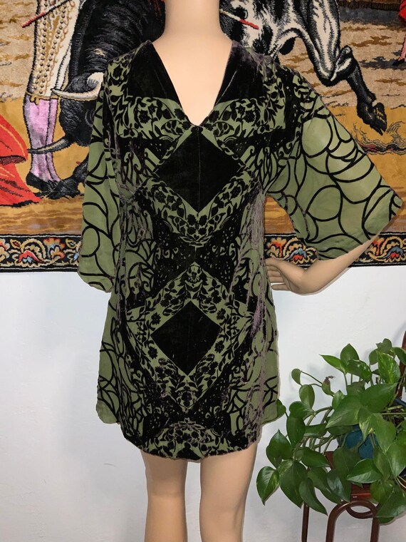Vintage Olive Green and Velvet Mini Kimono Dress - image 6
