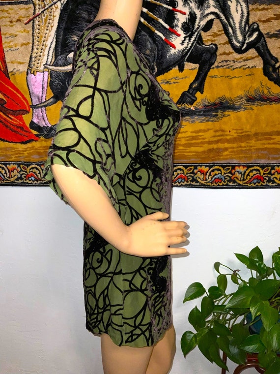 Vintage Olive Green and Velvet Mini Kimono Dress - image 5