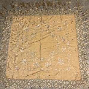 Antique Hand Embroidered Piano Shawl: Intricate Fringe, 36&quot;x36&quot;