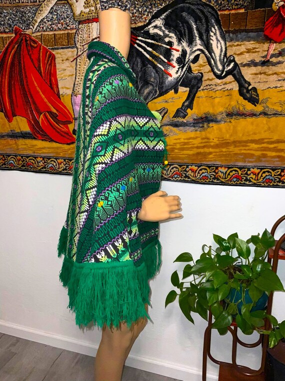 Vintage 70s Green Fringed Ponch with Arm Holes Ma… - image 5