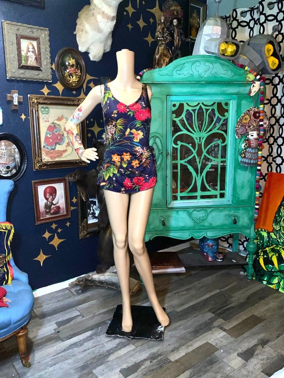 Vintage Roxanne Bright Floral Print Swimsuit/ Pla… - image 1
