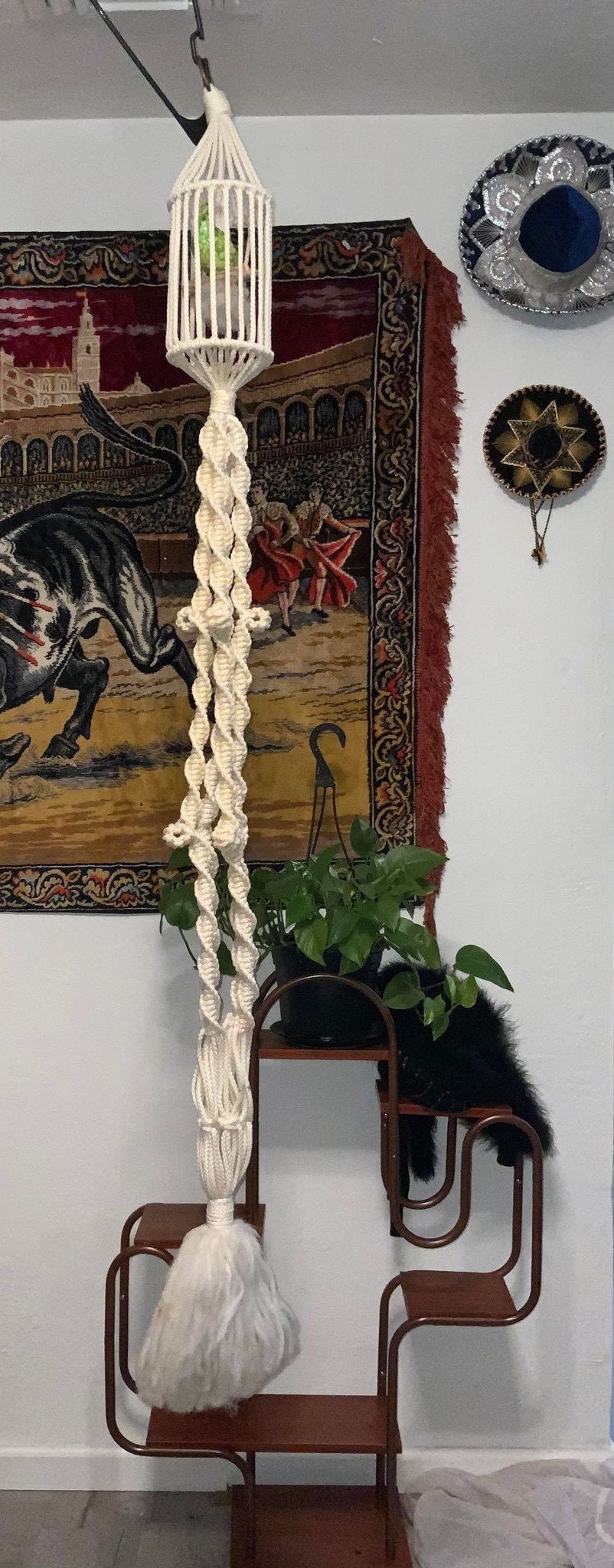 Vintage RARE Macrame Plant Holder and Small Birdcage with Ceramic Green Bird Inside