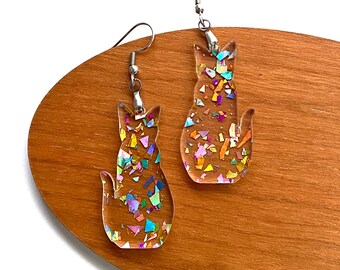 Fun Cat Earrings, Glitter Cat Silhouette Dangles in Colorful Chunky Glitter and Clear Acrylic, For Cat Lovers