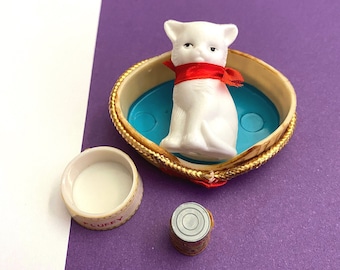 Vintage Ideal Pepper Doll Cat's Meow Food Bowl, Cat, Food "Can", and Bed #9327-8