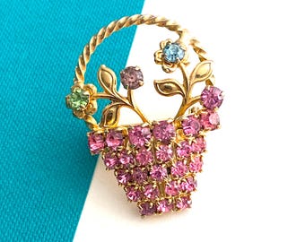 Vintage Flower Basket Brooch, Pink Glass Stones, Juliana Style, One Stone Glows Under Blacklight