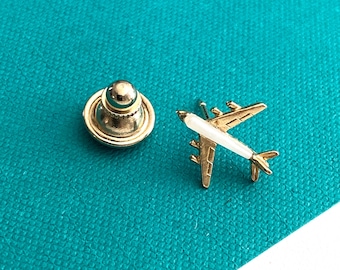 Vintage Airplane Tie Tack, Gold Tone with Faux Pearl Overlay, Swank