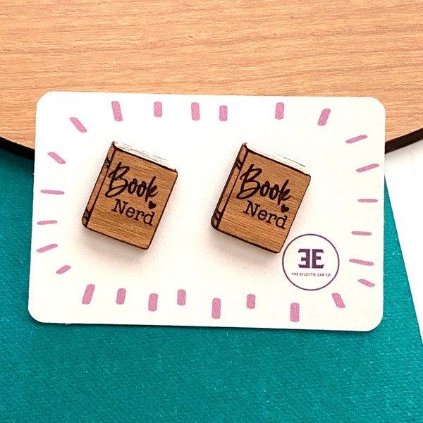 Book Earrings, Wood "Book Nerd" Studs For Readers and Book-Lovers