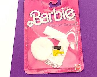 Vintage 80s Barbie White Scarf & Beret Hat Fashion Extras #7962