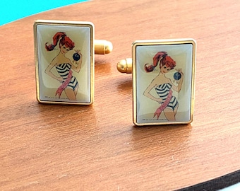 Barbie Convention Cufflinks 2006, Trading Card Print from 1962, w Box
