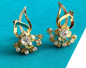 Sarah Coventry Monte Carlo Gold Tone Rhinestone Earrings 1950s