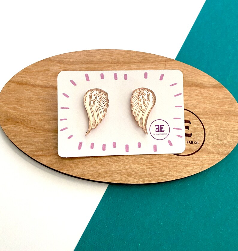 Angel Wing Earrings in Rose Gold Mirrored Acrylic Wing Stud Earrings