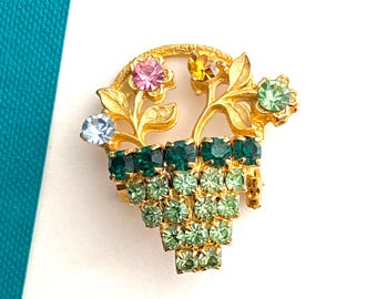 Vintage Flower Basket Brooch, Green Glass Jewels, Juliana Style, Glows Under Blacklight