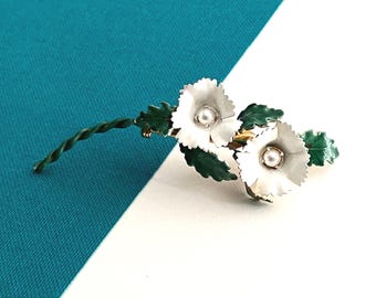 Vintage Sandor Co. Flower Enamel Brooch White and Green Enamel
