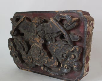Antique Asian Temple Carving - Hand-Carved Wooden Architectural Panel with Bat & Longevity Symbol