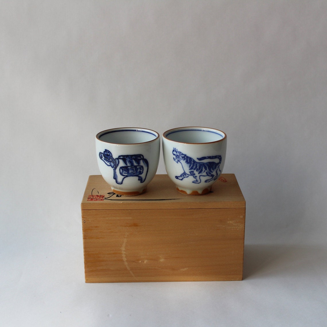 Vintage Japanese Sake Cups Set / Tiger / Original Wooden Box Etsy