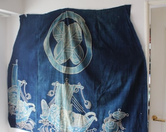 Vintage Japanese Indigo Textile / Hand-Dyed Cotton with Kamon, Waves & Treasure Ship Motif