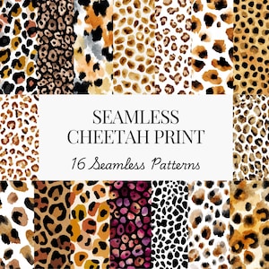 May include: A collection of 16 seamless cheetah print patterns in various colors, including brown, black, and pink. The patterns are displayed in a grid layout with a white rectangular text box in the center that reads "SEAMLESS CHEETAH PRINT" and "16 Seamless Patterns."