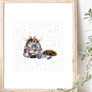 Gatto invernale, Cartolina di Natale stampabile, Gatti Chonky divertenti, Stampa gatto acquerello, Regalo proprietario gatto, Gatto acquerello dipinto a mano