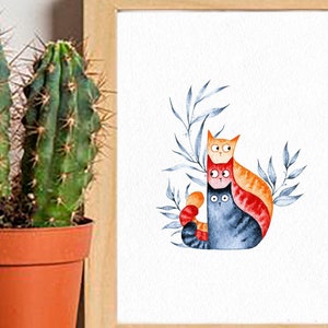 Stampa gatto, Arredamento gatto, Arte della parete, Pittura ad acquerello, Regalo per gli amanti dei gatti, Cartolina stampabile ad acquerello, Illustrazione di gatto divertente