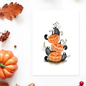 Gatos pretos de Halloween, cartão fofo de Halloween, cartão postal para impressão em aquarela, impressão de Halloween em aquarela, presente para amantes de gatos, decoração de Halloween