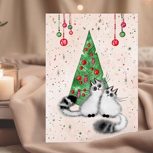 Chat de Noël, Carte postale de Noël à imprimer, Chats épais rigolos, Impressions aquarelles de chats, Cadeau pour propriétaire de chat, Chats aquarelles peints à la main