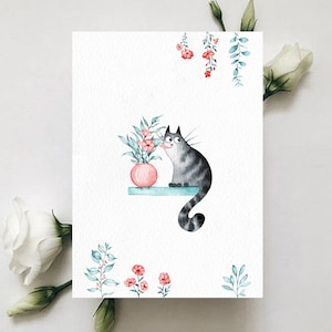 猫好きへのギフト、猫のプリント、猫の装飾、水彩画の印刷可能なポストカード、かわいい猫のイラスト、水彩画、面白い猫の絵