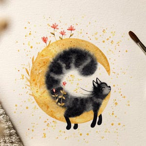 Gato da lua, decoração de quarto, pôster de gato, presente para amantes de gatos, pintura de gato em aquarela, cartão postal para impressão em aquarela, impressão de gato, cartão postal de gato