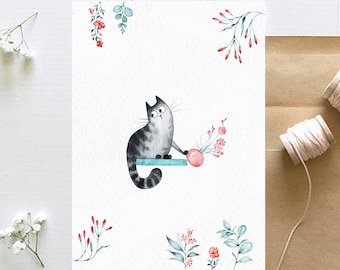 Cat Lover Gift, Cat Painting, Cat Decor, Funny Cat Print, Watercolor Printable Postcard, Cute Cat Illustration, Watercolor Painting