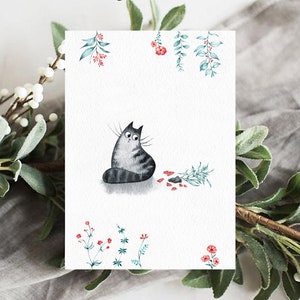 Regalo de amante de los gatos, pintura de gatos, decoración de gatos, impresión de gato divertido, postal imprimible en acuarela, ilustración de gato lindo, pintura de acuarela