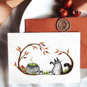 Halloween Black Cat With Skulls, Cute Halloween Card, Watercolor Printable Postcard, Watercolor Halloween Print, Cat Lover Gift