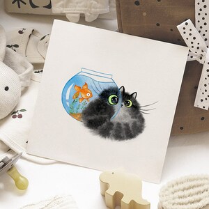 Gatto acquario, cartolina gatto stampabile, divertente gatto chonky, poster di gatto acquerello, regalo del proprietario del gatto, stampa gatto acquerello dipinto a mano, pesce rosso