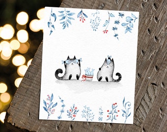Cat Postcard, Cat Print, Cat Lover Gift, Watercolor Printable Postcard, Cute Cat Illustration, Cat Watercolor Painting, Funny Cat with Fish