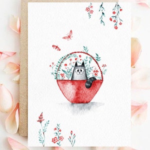 Presente para amante de gatos, estampa de gato, decoração de gato, cartão postal imprimível em aquarela, ilustração de gato fofo, pintura em aquarela, pintura de gato engraçada