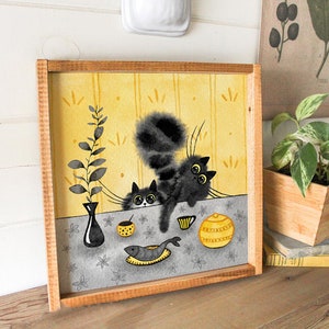 Gatti da cucina al limone, cartolina gatto stampabile, divertente gatto nero chonky, poster di gatto acquerello, regalo per il proprietario del gatto, stampa gatto acquerello dipinto a mano