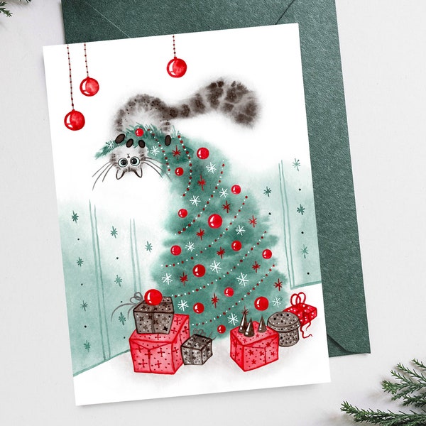 Cat On A Christmas Tree, Printable Christmas Postcard, Funny Chonky Cat, Watercolor Cat Print, Cat Owner Gift, Hand-painted Watercolor Cat