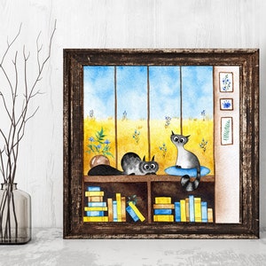 Stand con gatos de Ucrania, arte de pared imprimible, postal imprimible en acuarela, pintura de acuarela de gato
