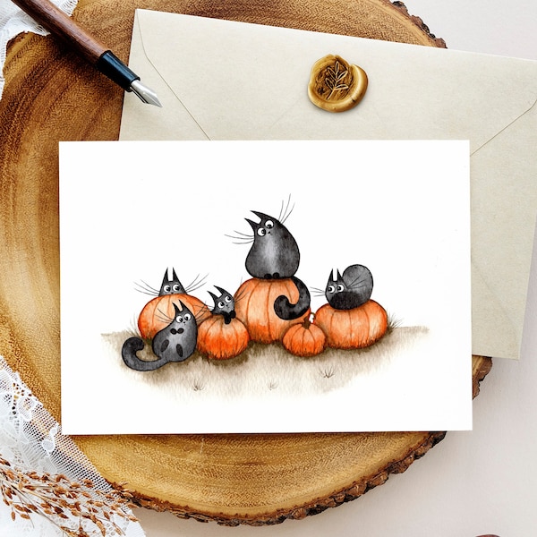 Halloween Black Cats, Cute Halloween Card, Watercolor Printable Postcard, Watercolor Halloween Printable, Cat Lover Gift, Halloween Decor