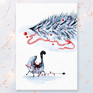 Cartão postal de natal para impressão, gato aquarela pintado à mão, árvore de natal caindo