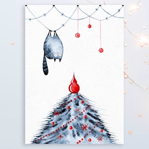Druckbare Weihnachtspostkarte, handgemaltes Aquarell Katze über dem Weihnachtsbaum