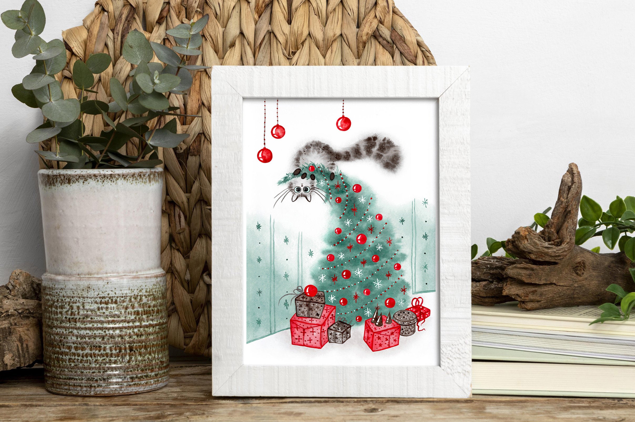 Cat on A Christmas Tree, Printable Christmas Postcard, Funny Chonky Cat ...