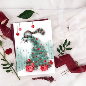 Cat on A Christmas Tree, Printable Christmas Postcard, Funny Chonky Cat ...
