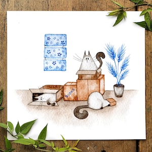 Katzen in Boxen, Freund Umzug Karte, Aquarell Katze Malerei, neues Zuhause Karte, Kinderzimmer Wanddekor, Aquarell druckbare Postkarte